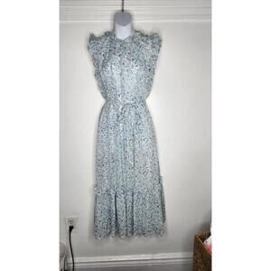 Emma & Michele Dress Womens Medium Blue Floral Ruffle Tiered Belted Midi